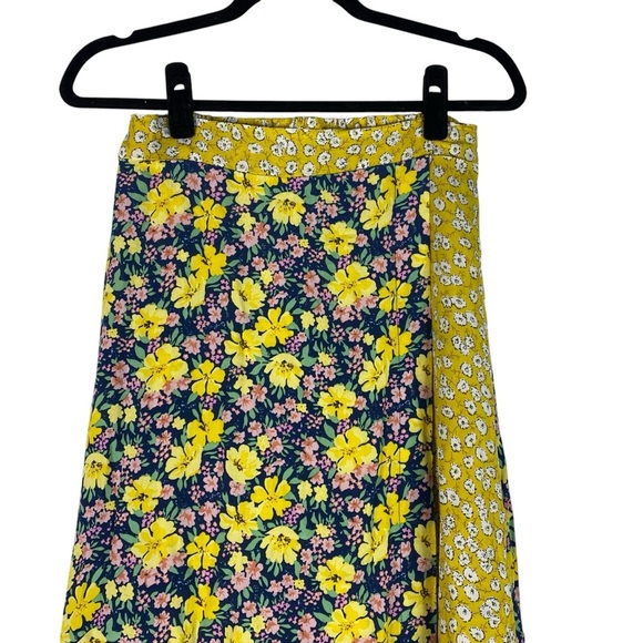 NEW Melloday Faux Wrap Mixed Floral Print Maxi Skirt Small Yellow Blue Tie Back - Picture 2 of 10